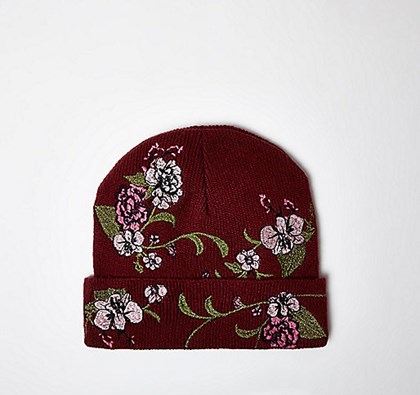 Red floral embroidered beanie hat