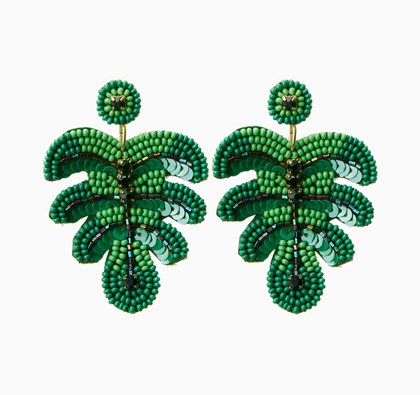 Green Beaded Leaf Earrings